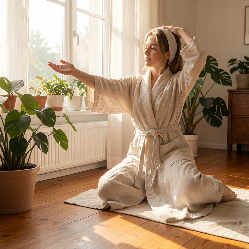 Gentle stretching by sunlit window